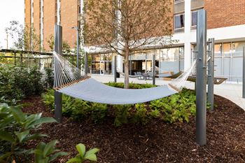 A hammock sits in a garden in front of a building